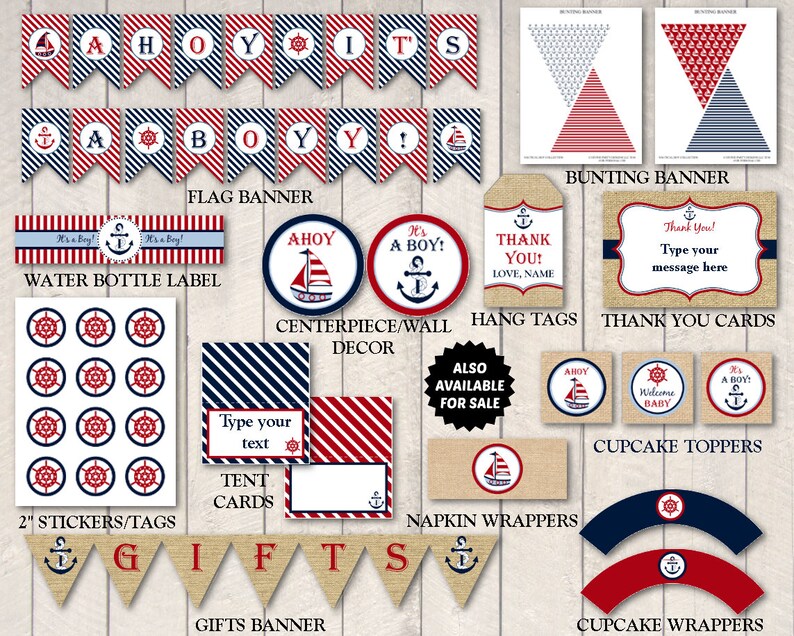 INSTANT DOWNLOAD Printable Nautical Boy Baby Shower Game Package / Diaper Raffle / Wishes for Baby / Nautical Collection / Item 602 image 3