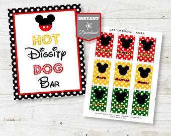 INSTANT DOWNLOAD Printable Mouse 5x7 and 8x10 Hot Diggity Dog Bar Party Sign / Condiment Labels / Classic Mouse Collection / Item #1527