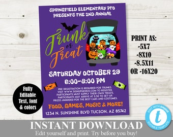 INSTANT DOWNLOAD Printable Trunk or Treat Halloween Flyer / Fully Editable / 5x7  8x10  8.5x11  16x20 / Halloween Collection / Item #2911