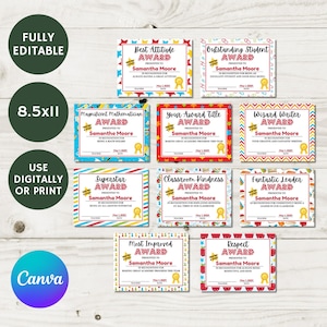 Printable 8.5x11 Student Classroom Award Template, Editable, Edit on Canva, Classroom, Teacher, Certificate, End of Year Award, Item #809