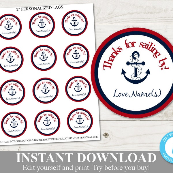 INSTANT DOWNLOAD Nautical Printable 2" Circle Thank You Tags / Baby Shower / Birthday Party / Nautical Boy Collection / Item #645