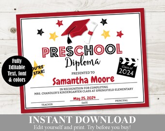 INSTANT DOWNLOAD Printable Preschool Graduation Red Yellow Black Diploma / Certificate / Editable  / School Printables / Item #4406