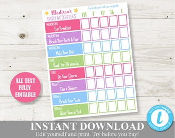 INSTANT DOWNLOAD Printable Daily Weekly Tasks, Chores or Activities Schedule / Editable - You Type Text/Summer/ Home Printables / Item #1300