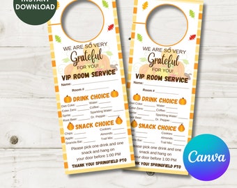 Thanksgiving Printable Room Service Door Hanger, VIP, Grateful, PTO, PTA, School, Template, Edit on Canva, Fall Collection, Item #2913