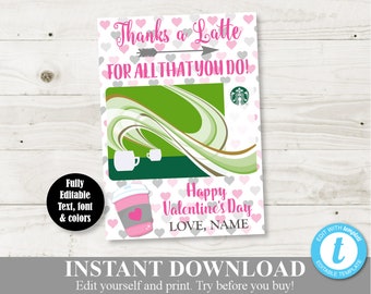 INSTANT DOWNLOAD Printable Valentine's Day 5x7 Thanks a Latte Coffee Gift Card Holder / Valentine's Shop / Item #3602