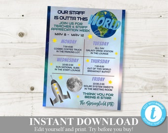 INSTANT DOWNLOAD Editable 8.5x11 Outta This World Space Teacher Appreciation Week Sign / Staff  / PTO /School / Item #819