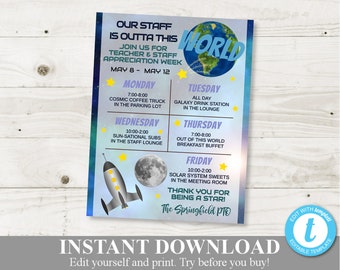 INSTANT DOWNLOAD Editable 8.5x11 Outta This World Space Teacher Appreciation Week Sign / Staff  / PTO /School / Item #845