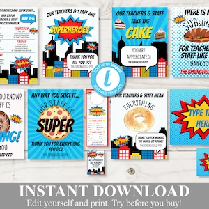 INSTANT DOWNLOAD Editable 8.5x11 Superhero Teacher Appreciation Week Food / Lunch Signs / Staff Appreciation / PTO /School / Item #852