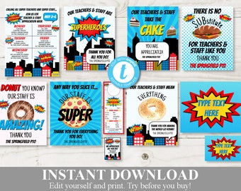 INSTANT DOWNLOAD Editable 8.5x11 Superhero Teacher Appreciation Week Food / Lunch Signs / Staff Appreciation / PTO /School / Item #852