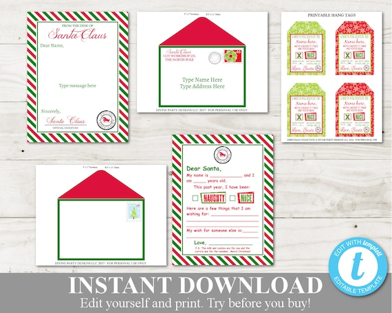 Download Instant Download Printable Santa Claus Package Santa Letter Child S Letter Gift Tags Envelopes Item 3038 By Divine Party Designs Catch My Party