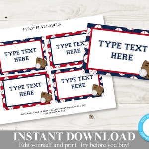 INSTANT DOWNLOAD Baseball Flat 4.5x3 Labels / Buffet Labels / Editable Type your text / Baseball Collection / Item #917