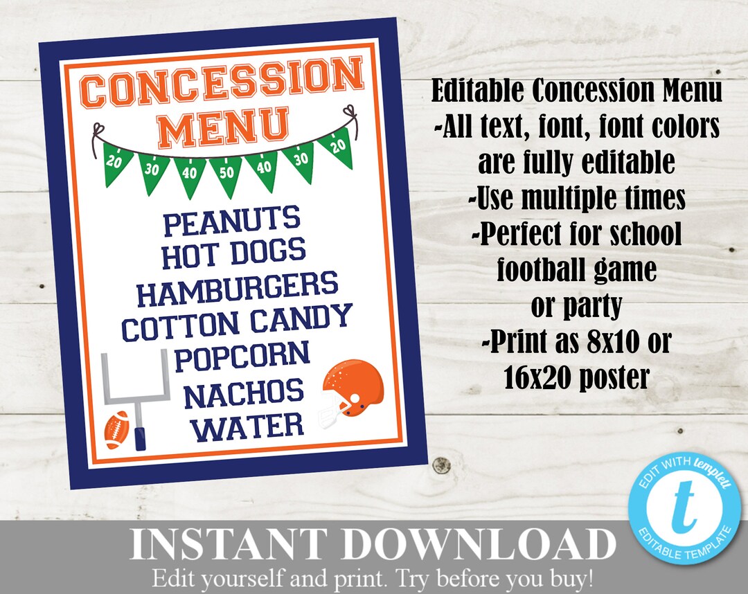 INSTANT DOWNLOAD Editable and Printable 8x10 Football Concession Menu ...