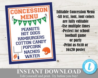 INSTANT DOWNLOAD Editable and Printable 8x10 Football Concession Menu / Orange & Blue / Sports Collection / Item#310