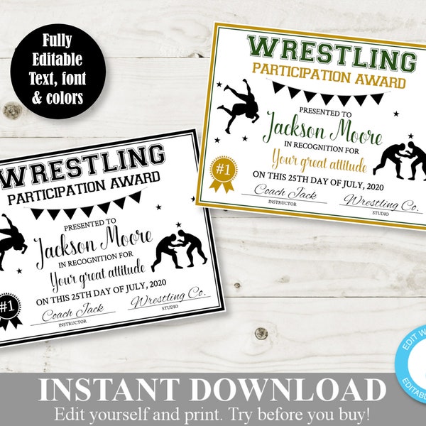 INSTANT DOWNLOAD Printable Wrestling 8.5x11 Certificate / Award / Sport Award / Editable - You  Type / Item #317