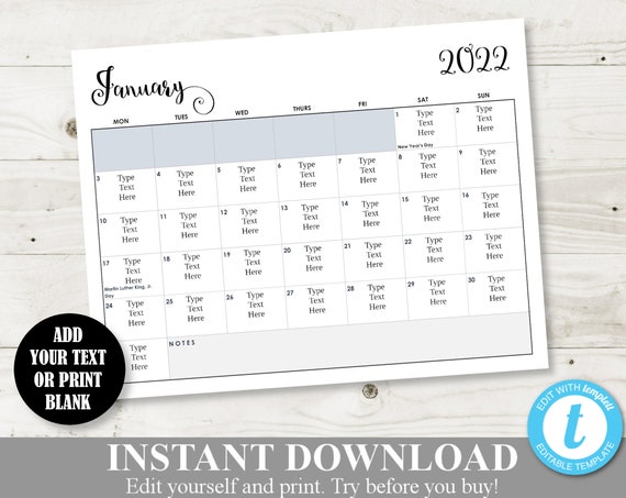 instant download editable 2022 printable 8 5 x11 calendar print blank or edit print monday week start home printables item 1303 by divine party designs catch my party