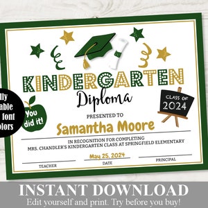 SOFORTIGER DOWNLOAD Druckbares Kindergarten-Abschluss-Grün-Gold-Diplom / Zertifikat / Bearbeitbar - Sie geben ein / Schule Ausdrucke / Artikel #3984