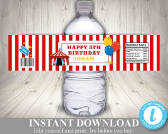 INSTANT DOWNLOAD Circus Carnival Editable Water Bottle Labels / Wrappers / Editable - You Type Text / Circus Collection / Item #1007