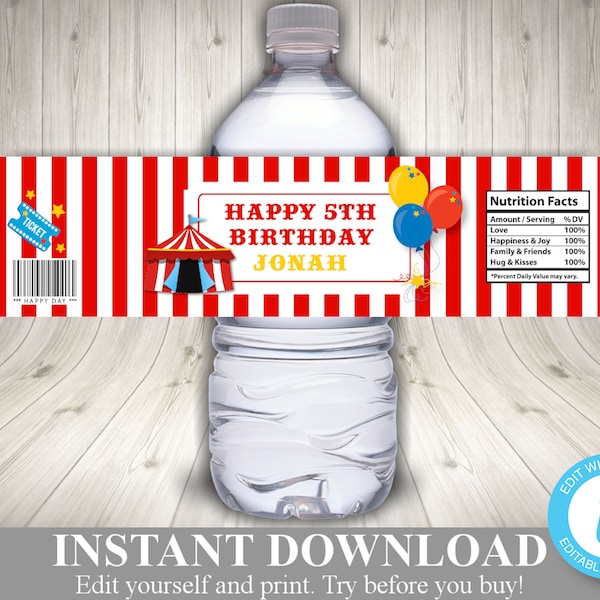 INSTANT DOWNLOAD Circus Carnival Editable Water Bottle Labels / Wrappers / Editable - You Type Text / Circus Collection / Item #1007