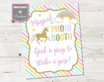 INSTANT DOWNLOAD Unicorn Printable 8x10 Photo Booth Grab a Prop & Strike a Pose Sign / Glitter Pastel Unicorn Collection / Item #3540