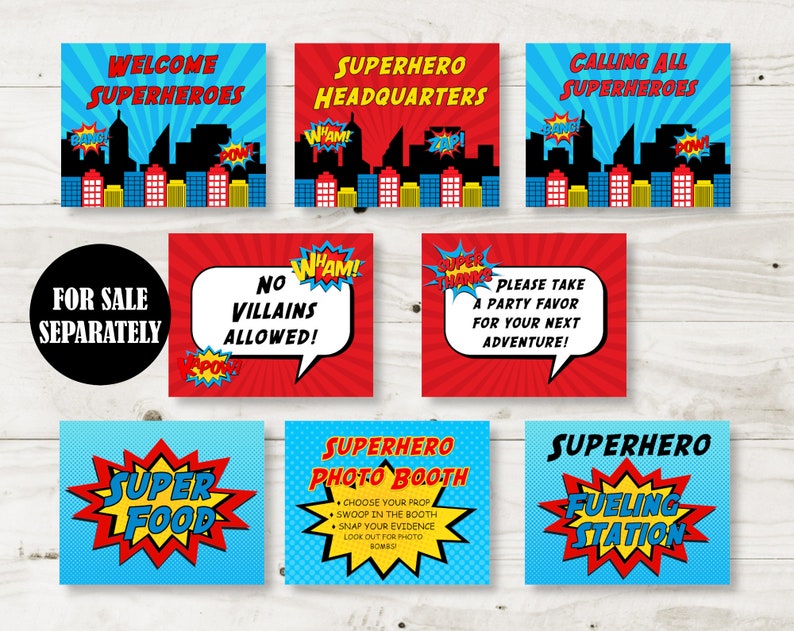 Puede incluir: Nueve carteles imprimibles para una fiesta con tem&aacute;tica de superh&eacute;roes. Los carteles son rojos, azules y amarillos con gr&aacute;ficos y texto de estilo c&oacute;mic. Los carteles incluyen "Bienvenido Superh&eacute;roes", "Cuartel General de Superh&eacute;roes", "Llamada a Todos los Superh&eacute;roes", "En Venta por Separado", "No se Permiten Villanos", "Por Favor Tome un Favor de Fiesta para su Pr&oacute;xima Aventura", "Super Comida", "Fotomat&oacute;n de Superh&eacute;roes" y "Estaci&oacute;n de Combustible de Superh&eacute;roes".