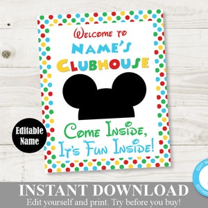 INSTANT DOWNLOAD Editable Mouse Clubhouse 8x10 Come Inside Welcome Party Sign / You Type Name /Clubhouse Collection / Item #1615