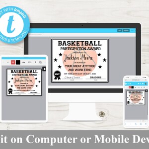 May include: Editable basketball participation award certificate template with a pink basketball graphic, stars, and the text "Basketball Participation Award" and "Jackson Moore".