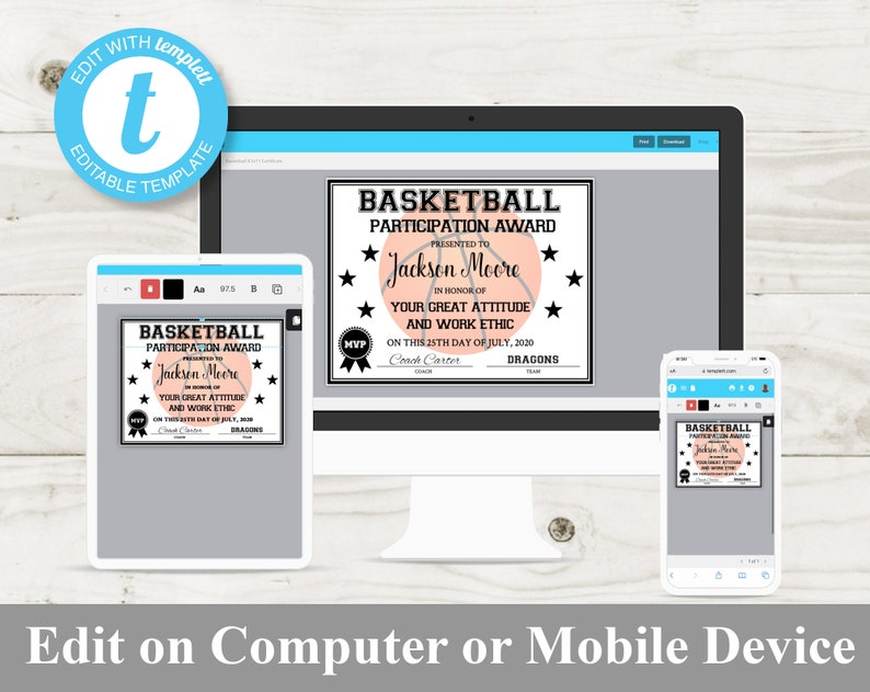 May include: Editable basketball participation award certificate template with a pink basketball graphic, stars, and the text "Basketball Participation Award" and "Jackson Moore".