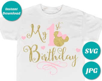 INSTANT DOWNLOAD Gold and Pink Glitter Mouse My 1st Birthday Printable Iron On Transfer / SVG / T-shirt / Family Shirts / Item #2496