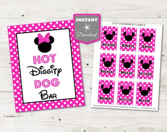 INSTANT DOWNLOAD Mouse 5x7 & 8x10 Hot Diggity Dog Bar Printable Party Sign / Condiment Labels / Hot Pink Mouse Collection / Item #1701