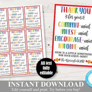 INSTANT DOWNLOAD Editable 3.5&quot;x2.5&quot; Mint Tags / Teacher Appreciation / PTO / End of School / Item #808