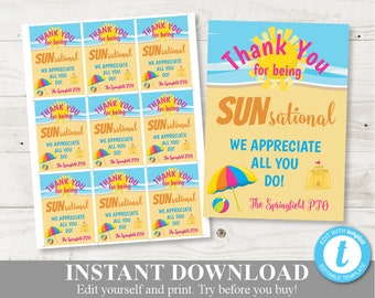 INSTANT DOWNLOAD Editable 2.5"x3.5" Sunshine Thank You Star Tags / Summer Beach / Teacher Appreciation / PTO / School / Item #846