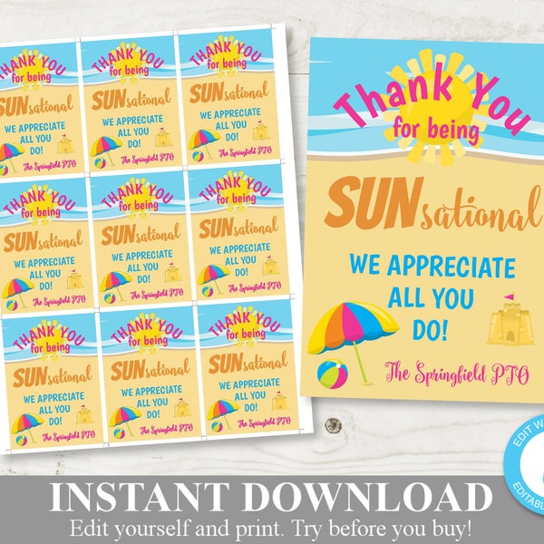 INSTANT DOWNLOAD Editable 2.5"x3.5" Sunshine Thank You Star Tags / Summer Beach / Teacher Appreciation / PTO / School / Item #846