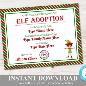 INSTANT DOWNLOAD Editable Boy Elf Adoption Certificate/ Add Family Name & Elf's Name / You Type / Christmas Shop / Item 3023 image 1