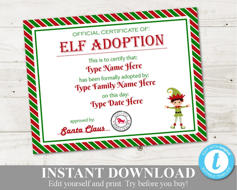 INSTANT DOWNLOAD Editable Boy Elf Adoption Certificate/ Add Family Name & Elf's Name / You Type / Christmas Shop / Item 3023 image 1