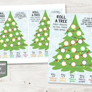 May include: Two printable Christmas-themed game sheets titled "Roll a Tree." Each sheet features a green Christmas tree with spaces for colored ornaments and instructions. The game is designed for players to fill their tree first to win.
