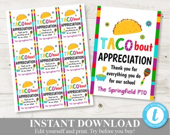 INSTANT DOWNLOAD Editable 2.5"x3.5" Taco Bout Appreciation Thank You Star Tags / Fiesta / Teacher Appreciation / PTO / School / Item #847