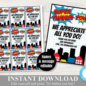 INSTANT DOWNLOAD Editable 2.5"x3.5" Superhero Super Thanks Tags / Starbursts / Teacher Appreciation / PTO / School / Item #834