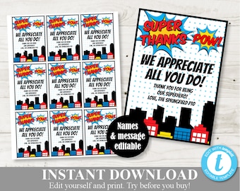 INSTANT DOWNLOAD Editable 2.5"x3.5" Superhero Super Thanks Tags / Starbursts / Teacher Appreciation / PTO / School / Item #834