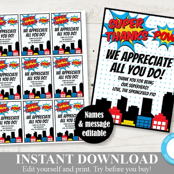 INSTANT DOWNLOAD Editable 2.5"x3.5" Superhero Super Thanks Tags / Starbursts / Teacher Appreciation / PTO / School / Item #834