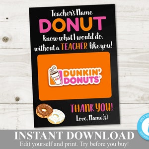 INSTANT DOWNLOAD Editable 5x7 Donut Know What I Would Do Teacher Gift Card Holder / You Type Names / Teacher Appreciation / Item #208