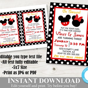 INSTANT DOWNLOAD Girl and Boy Mouse Printable 5x7 Birthday Party Invitation / Editable - You Type Text File /G&B Mouse Collection/Item #2104