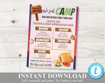 INSTANT DOWNLOAD Editable 8.5x11 We Just Camp Camping Teacher Appreciation Week Sign / Staff  / PTO /School / Item #844