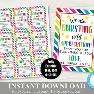 INSTANT DOWNLOAD Editable 2.5"x3.5"We Are Bursting with Appreciation Tags / Starbursts / Teacher Appreciation / PTO / School / Item #833