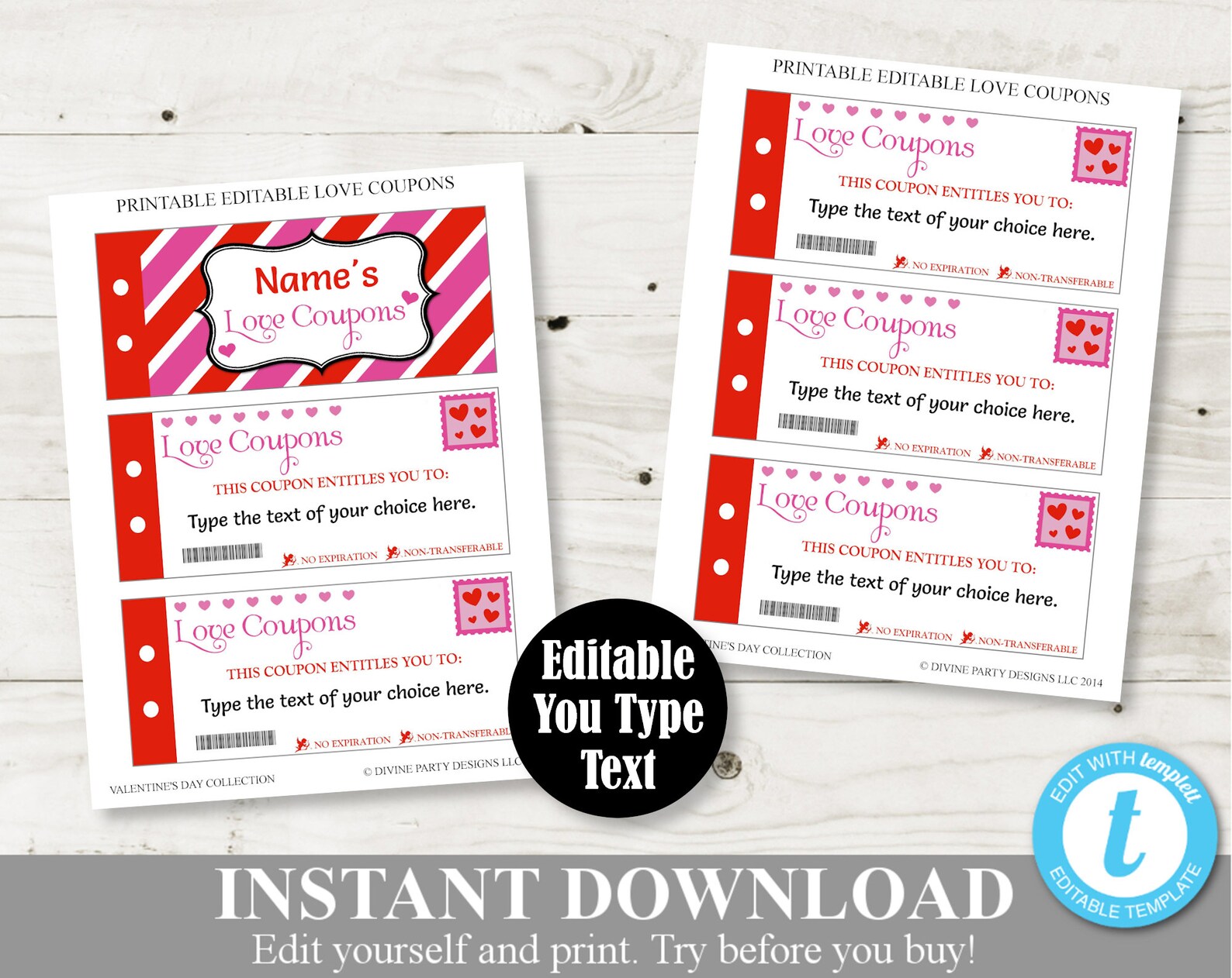 INSTANT DOWNLOAD Editable Printable Love Coupon Book / Type Your Own ...