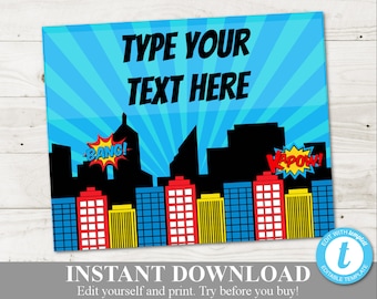 INSTANT DOWNLOAD Superhero Printable 8x10 Sign / Editable - You Type Text / Superhero Collection / Item #511