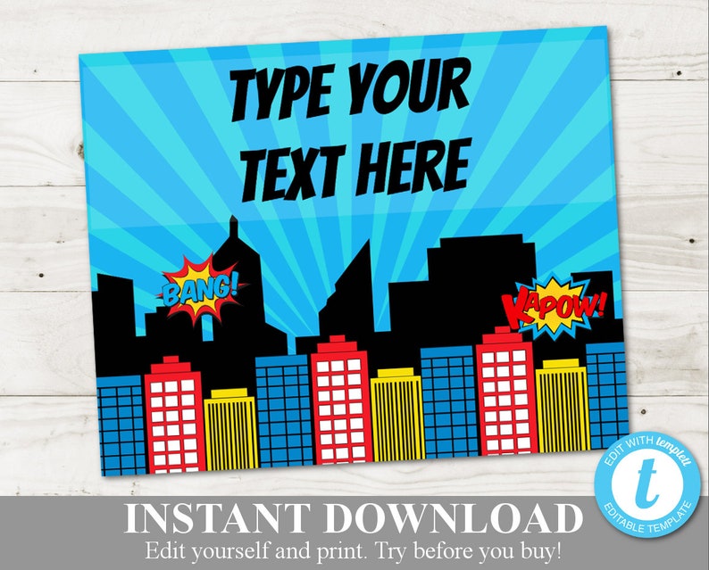 INSTANT DOWNLOAD Superhero Printable 8x10 Sign / Editable You Type Text / Superhero Collection / Item 511 image 1