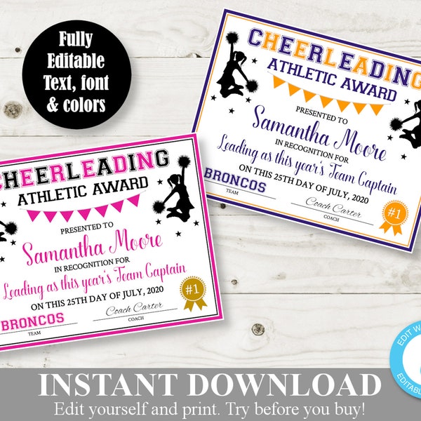 INSTANT DOWNLOAD Printable Cheerleading 8.5x11 Certificate / Award / Sport Award / Editable - You  Type / Item #300