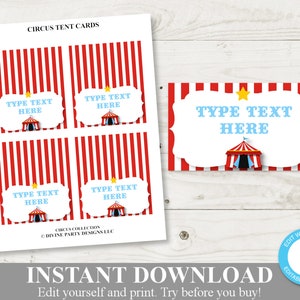 INSTANT DOWNLOAD Editable Circus or Carnival Food Tent Cards / Place Cards / You Type Text / Circus Collection / Item #1002