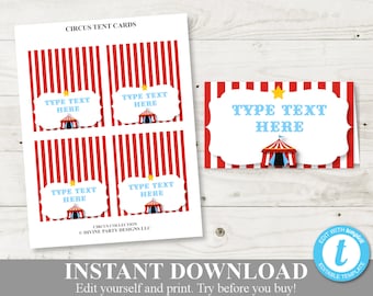 INSTANT DOWNLOAD Editable Circus or Carnival Food Tent Cards / Place Cards / You Type Text / Circus Collection / Item #1002