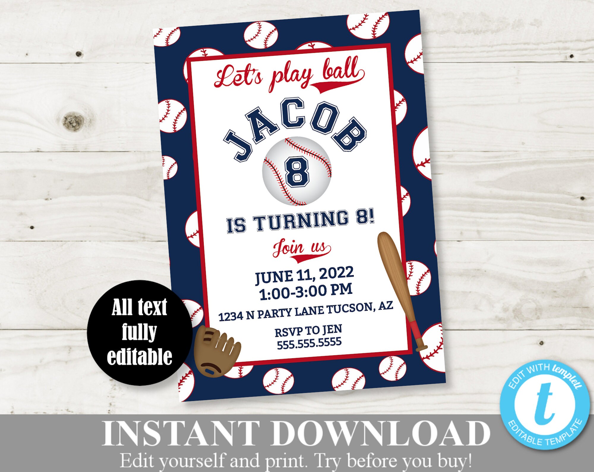 INSTANT DOWNLOAD Printable 5x7 Baseball Birthday Party Invitation / Editable - You Type Text / Baseball Collection / Item #900